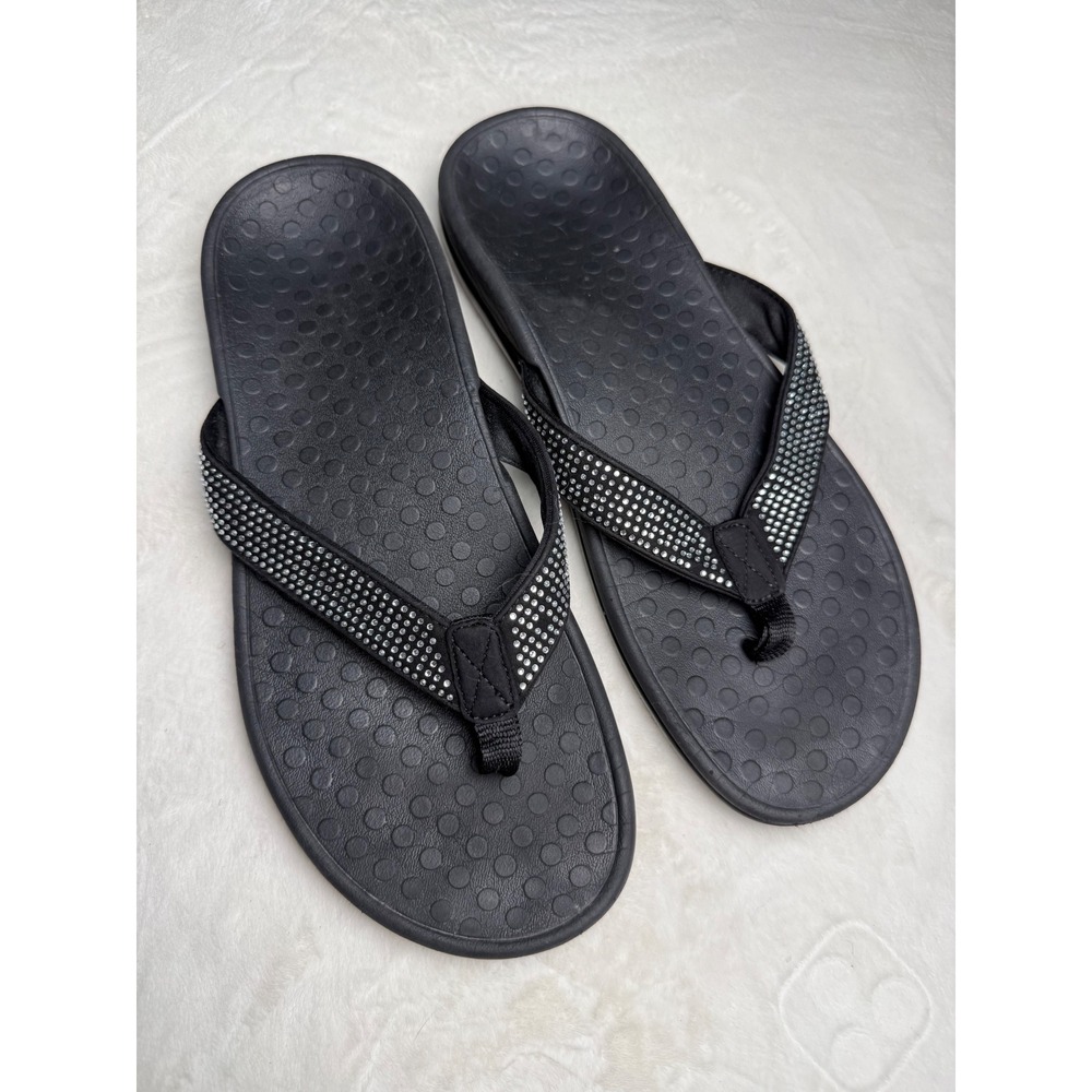 Vionic Womens Size 10 Black Rhinestone Orthotic Flip Flop Sandals Sparkle
